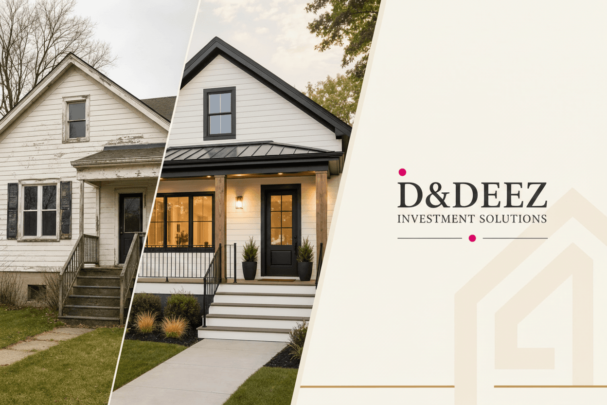 Side-by-side comparison of a house before and after renovation with D&DEEZ Investment Solutions logo.