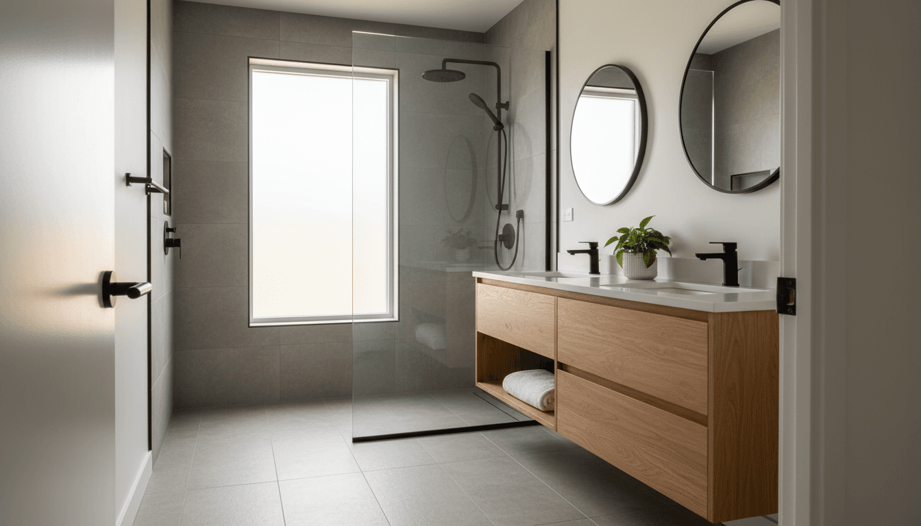 Completed primary bathroom with walk-in shower and matte black fixtures