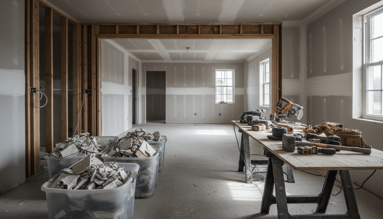 Interior of a home under renovation with exposed framing and construction materials
