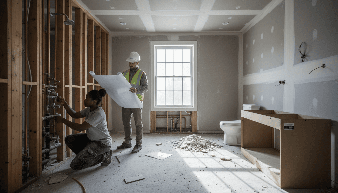 Two tradespeople collaborating on mid-phase bathroom renovation with exposed plumbing, fixtures, and natural window light