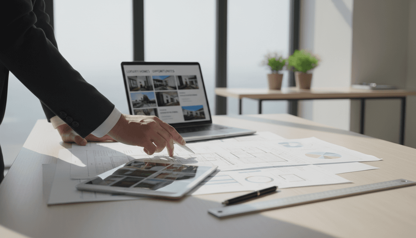 Investor reviewing property renovation plans and budget documents at office desk