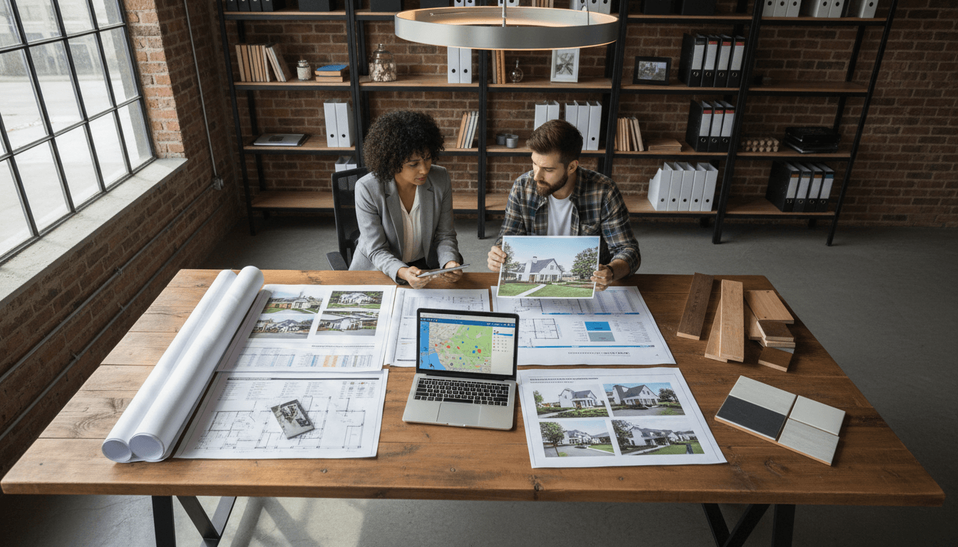 Property investor reviewing renovation plans and budget spreadsheets in a bright modern office