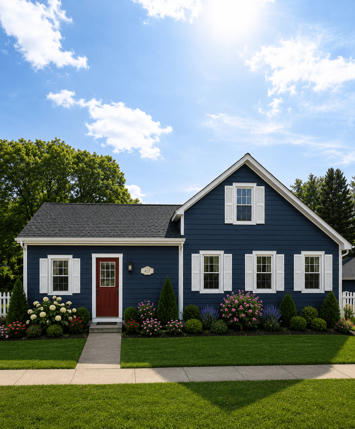 Navy blue house with white shutters and a red door, surrounded by colorful flower gardens.
