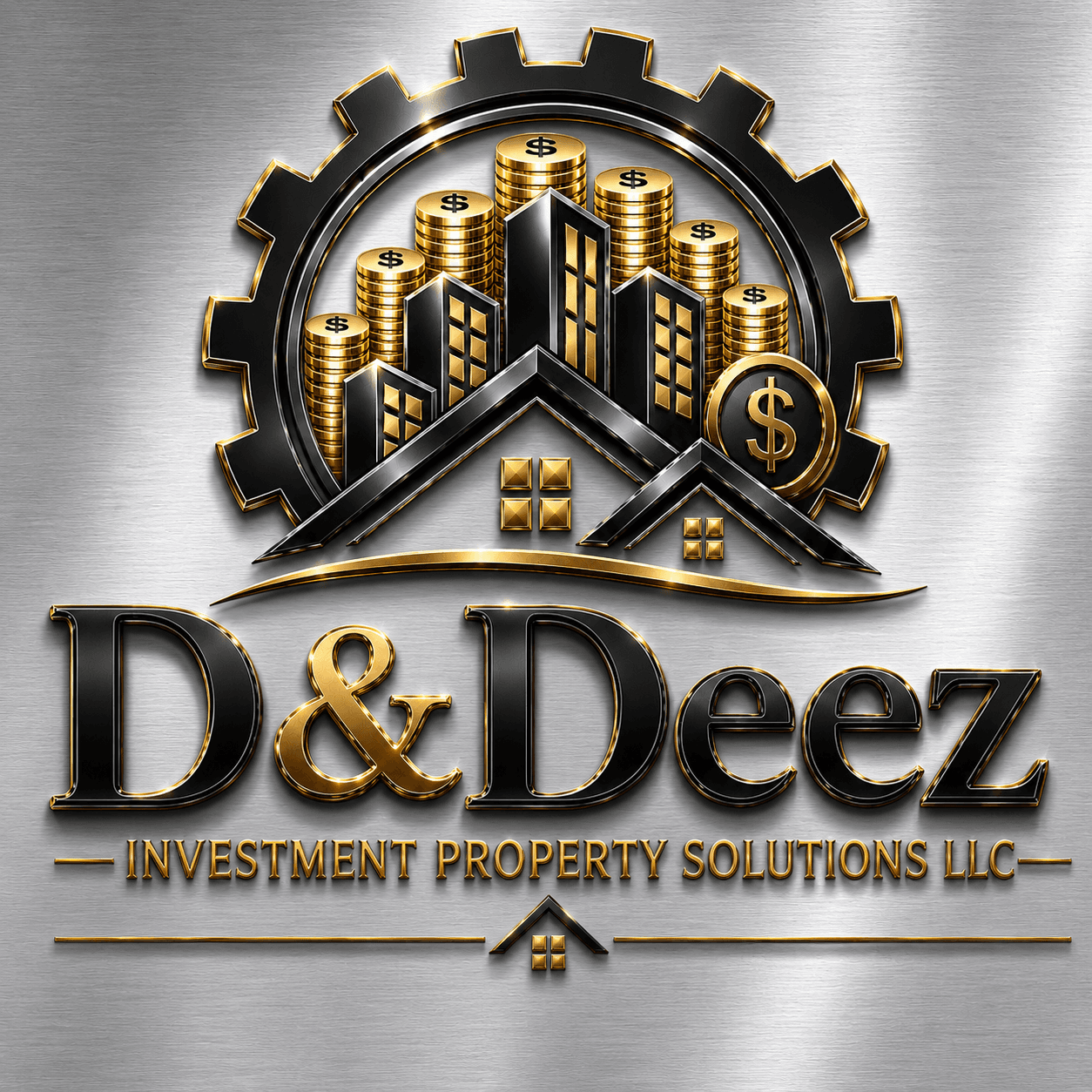 D&Deez Investment Property Solutions LLC logo featuring gold coins, buildings, and gear graphic.